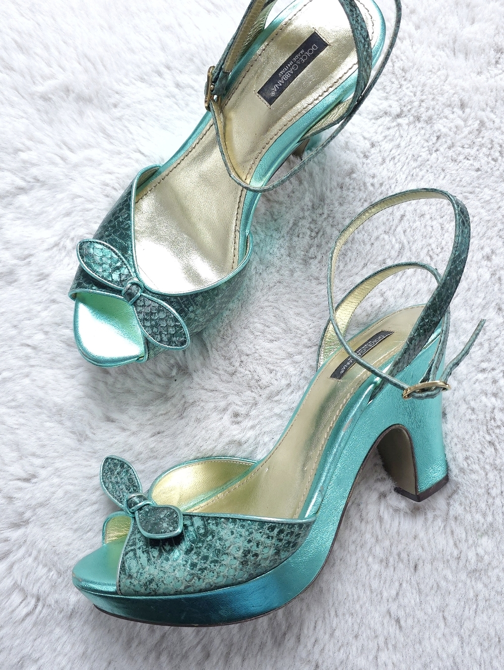 Vintage Y2K Dolce & Gabbana Metallic Teal Bow Slingback Platform Heels - Picture 3 of 6